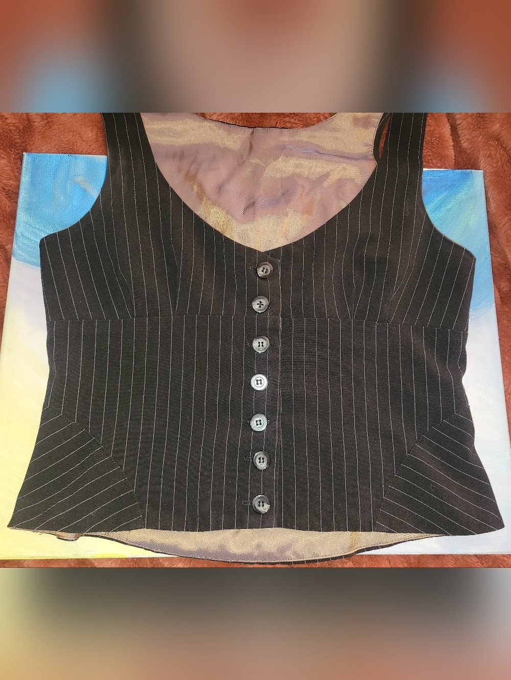 Ruffled White Lolita Lace Trimmed Blouse Layered Under Pinstripe Vest - Picture 4 of 15